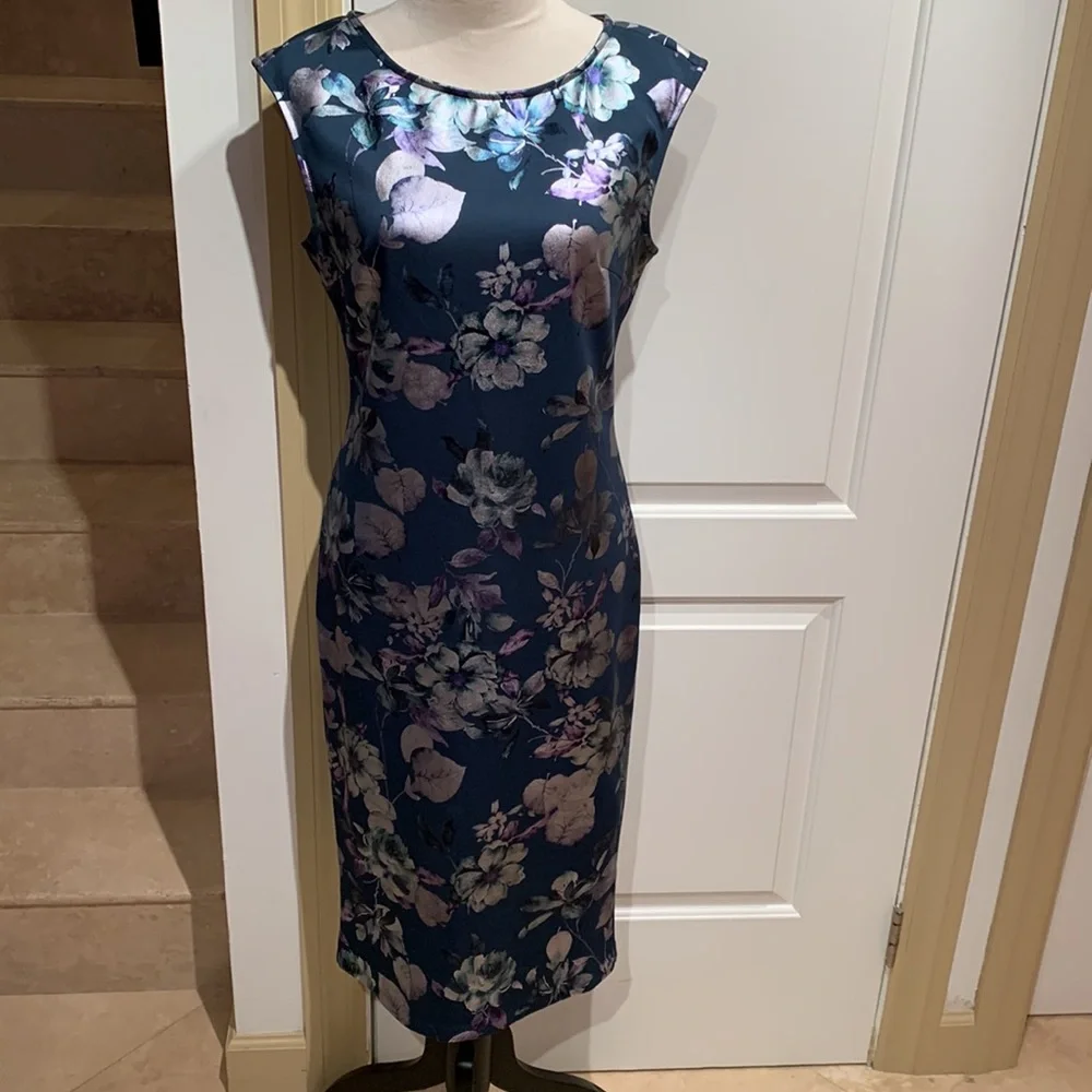 NEW YORK & CO.Metallic floral teal dress w/ metallic flowers. Midi, Size S. - Picture 4 of 13